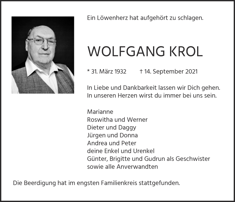  Traueranzeige für Wolfgang Krol vom 01.10.2021 aus  Kölner Wochenspiegel 