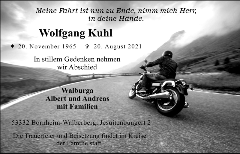  Traueranzeige für Wolfgang Kuhl vom 03.09.2021 aus  Schlossbote/Werbekurier 