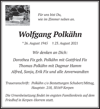 Anzeige von Wolfgang Polkähn von  Werbepost 