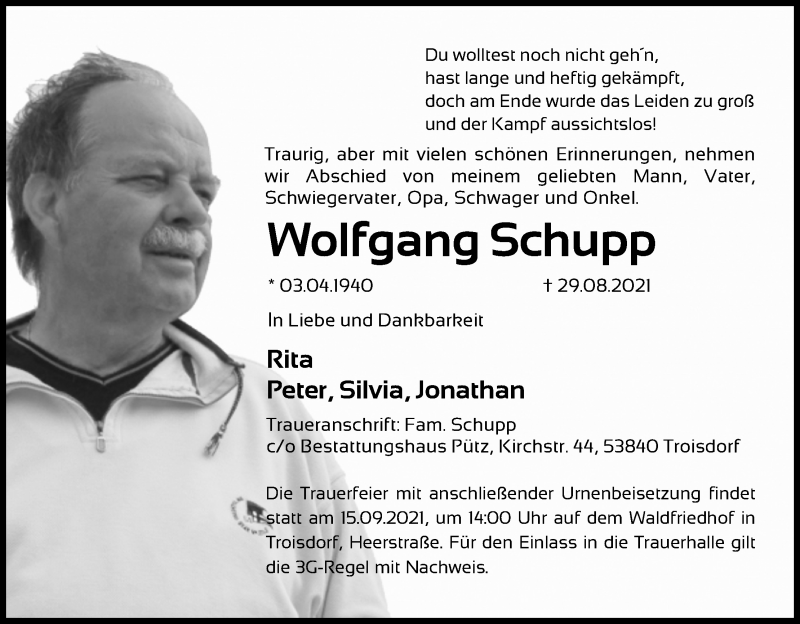  Traueranzeige für Wolfgang Schupp vom 11.09.2021 aus Kölner Stadt-Anzeiger / Kölnische Rundschau / Express