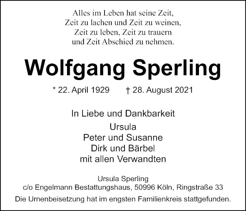  Traueranzeige für Wolfgang Sperling vom 18.09.2021 aus Kölner Stadt-Anzeiger / Kölnische Rundschau / Express
