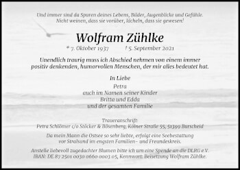 Anzeige von Wolfram Zühlke von Kölner Stadt-Anzeiger / Kölnische Rundschau / Express