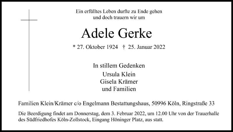  Traueranzeige für Adele Gerke vom 29.01.2022 aus Kölner Stadt-Anzeiger / Kölnische Rundschau / Express