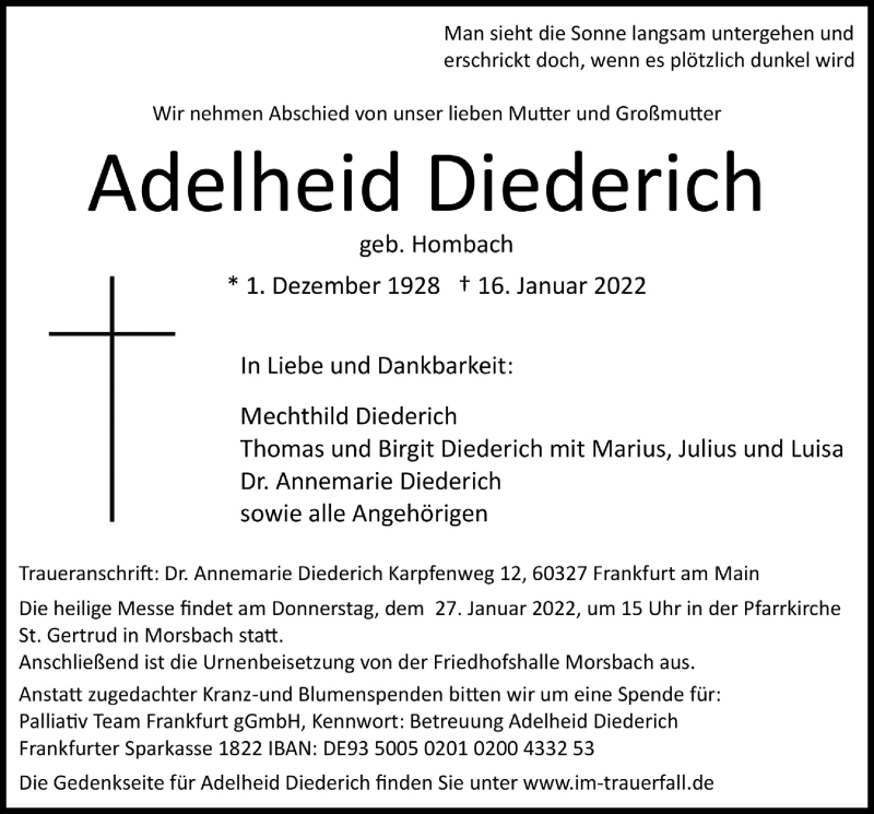  Traueranzeige für Adelheid Diederich vom 21.01.2022 aus  Lokalanzeiger 