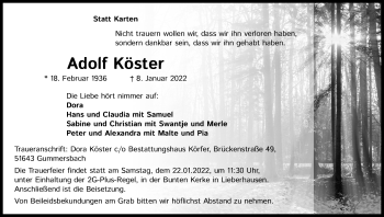 Anzeige von Adolf Köster von Kölner Stadt-Anzeiger / Kölnische Rundschau / Express