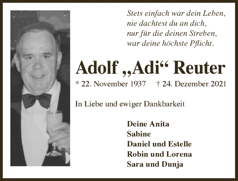  Traueranzeige für Adolf Reuter vom 14.01.2022 aus  Extra Blatt 