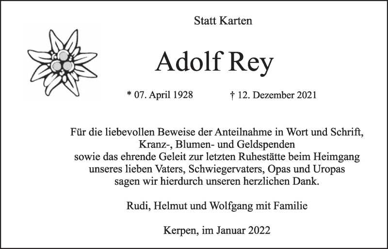 Traueranzeige für Adolf Rey vom 21.01.2022 aus  Werbepost 
