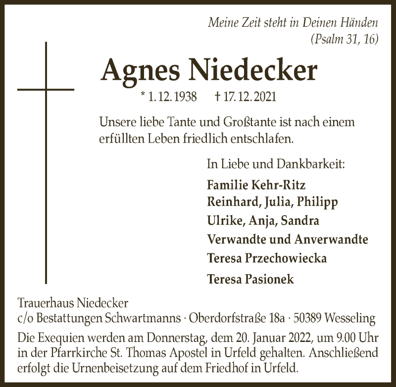  Traueranzeige für Agnes Niedecker vom 14.01.2022 aus  Schlossbote/Werbekurier 