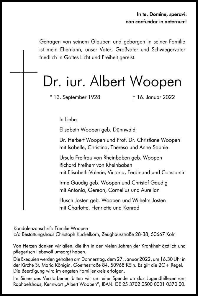  Traueranzeige für Albert Woopen vom 22.01.2022 aus Kölner Stadt-Anzeiger / Kölnische Rundschau / Express