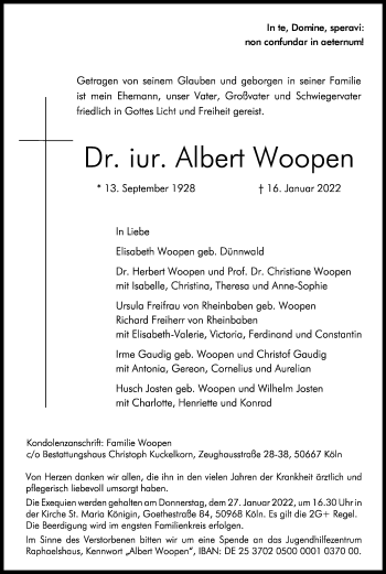 Anzeige von Albert Woopen von Kölner Stadt-Anzeiger / Kölnische Rundschau / Express