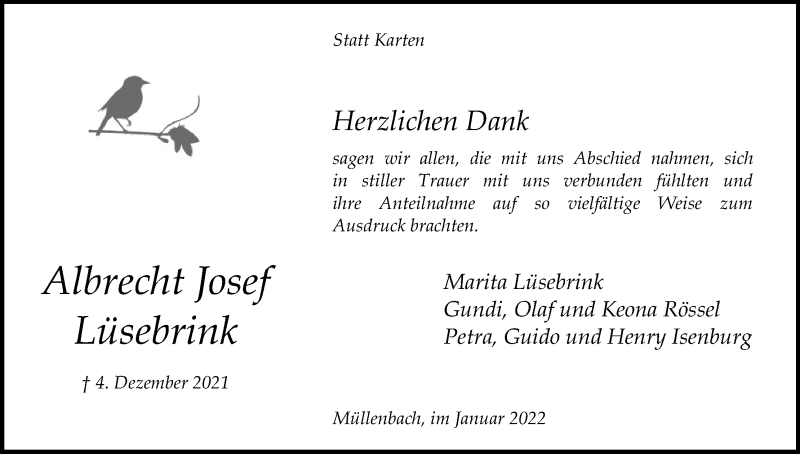  Traueranzeige für Albrecht Josef Lüsebrink vom 29.01.2022 aus Kölner Stadt-Anzeiger / Kölnische Rundschau / Express