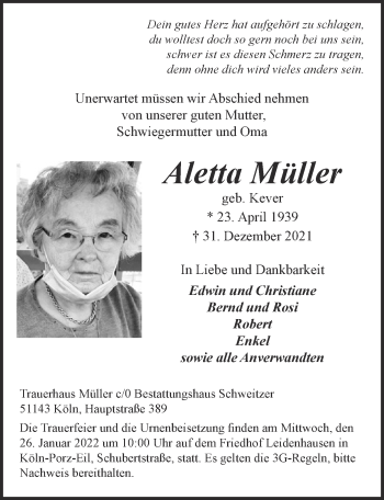 Anzeige von Aletta Müller von  Kölner Wochenspiegel 