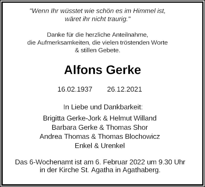  Traueranzeige für Alfons Gerke vom 24.01.2022 aus Kölner Stadt-Anzeiger / Kölnische Rundschau / Express