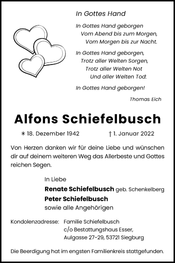 Anzeige von Alfons Schiefelbusch von Kölner Stadt-Anzeiger / Kölnische Rundschau / Express