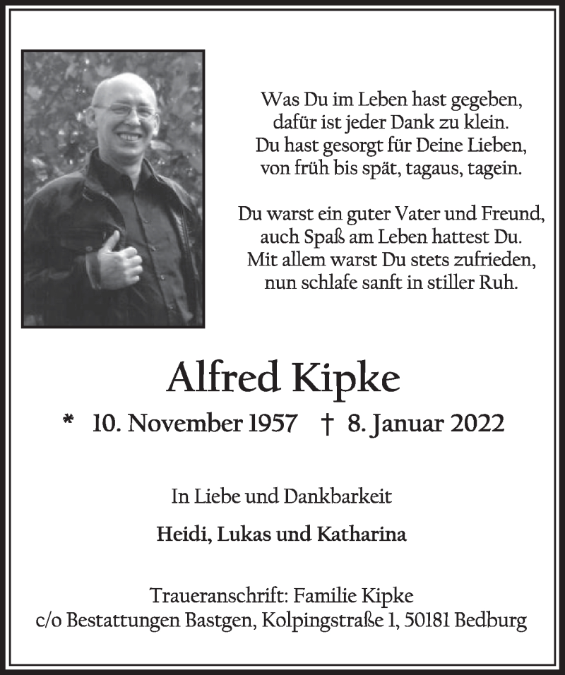  Traueranzeige für Alfred Kipke vom 21.01.2022 aus  Werbepost 