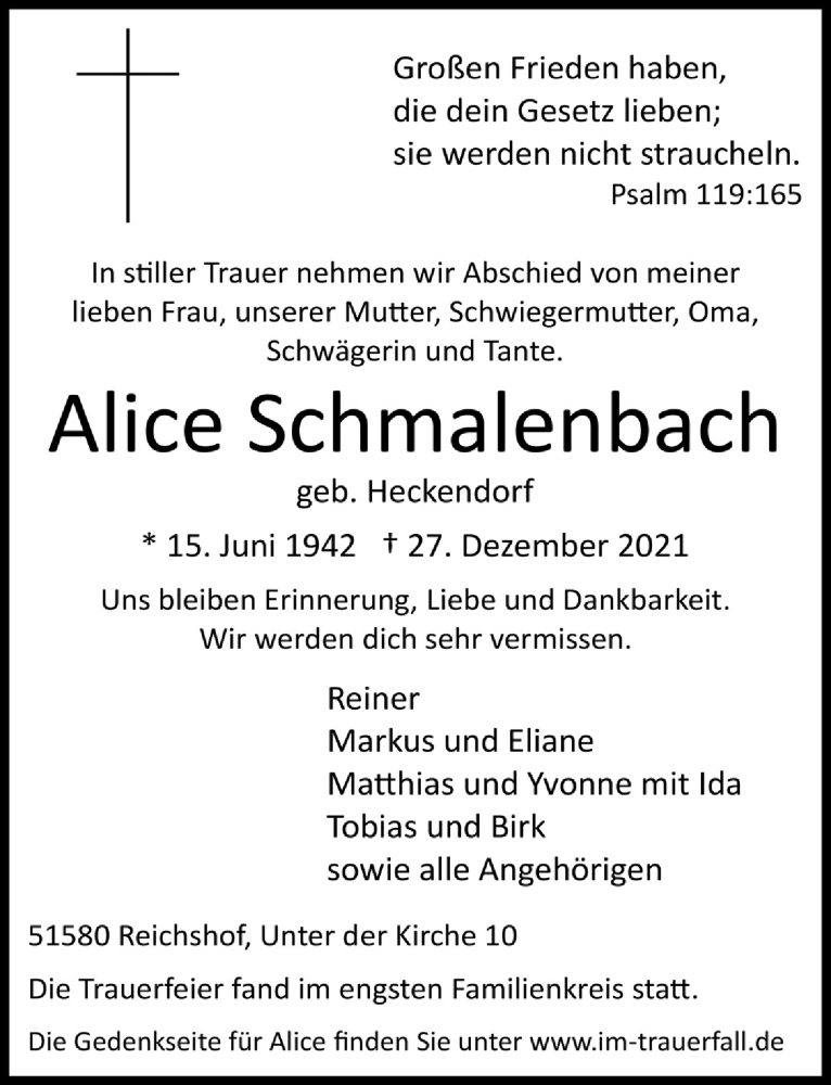  Traueranzeige für Alice Schmalenbach vom 07.01.2022 aus  Lokalanzeiger 