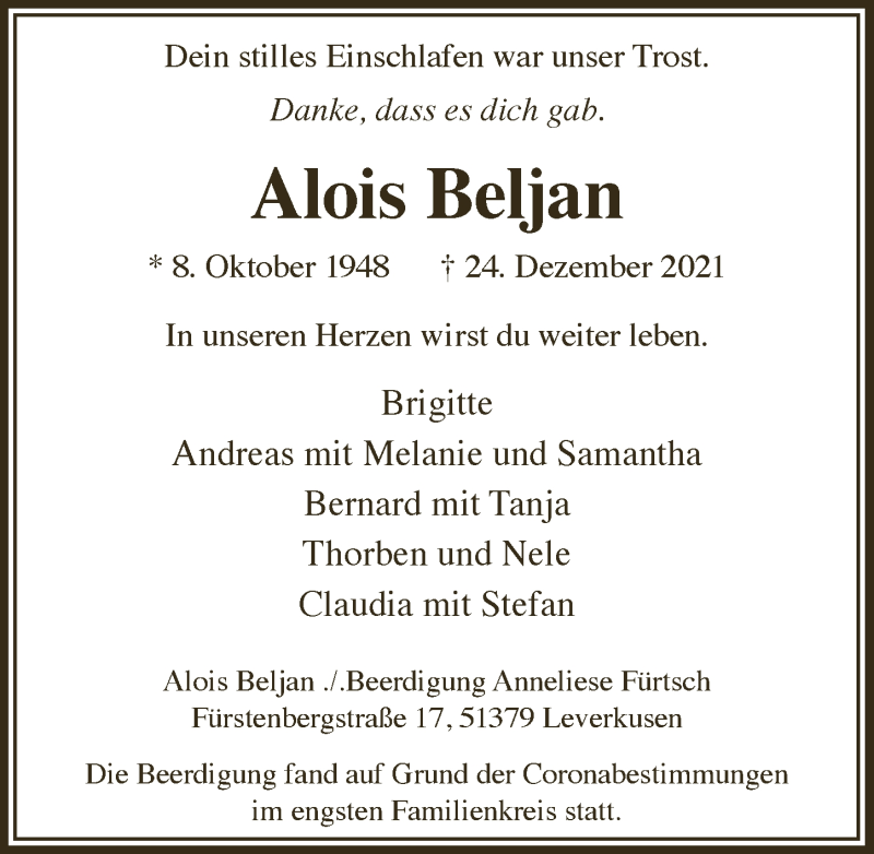  Traueranzeige für Alois Beljan vom 07.01.2022 aus  Lokale Informationen 