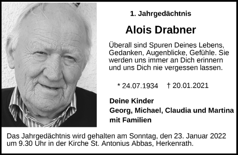  Traueranzeige für Alois Drabner vom 14.01.2022 aus  Bergisches Handelsblatt 