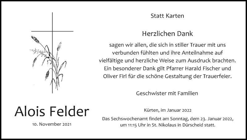  Traueranzeige für Alois Felder vom 15.01.2022 aus Kölner Stadt-Anzeiger / Kölnische Rundschau / Express