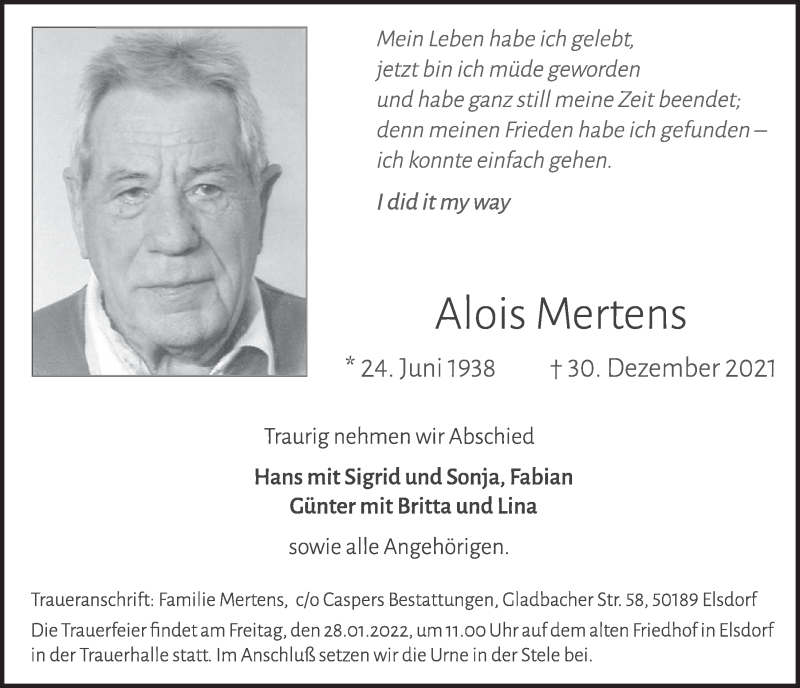 Traueranzeige für Alois Mertens vom 21.01.2022 aus  Werbepost 