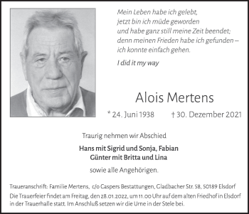 Anzeige von Alois Mertens von  Werbepost 