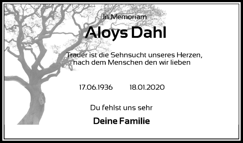  Traueranzeige für Aloys Dahl vom 22.01.2022 aus Kölner Stadt-Anzeiger / Kölnische Rundschau / Express