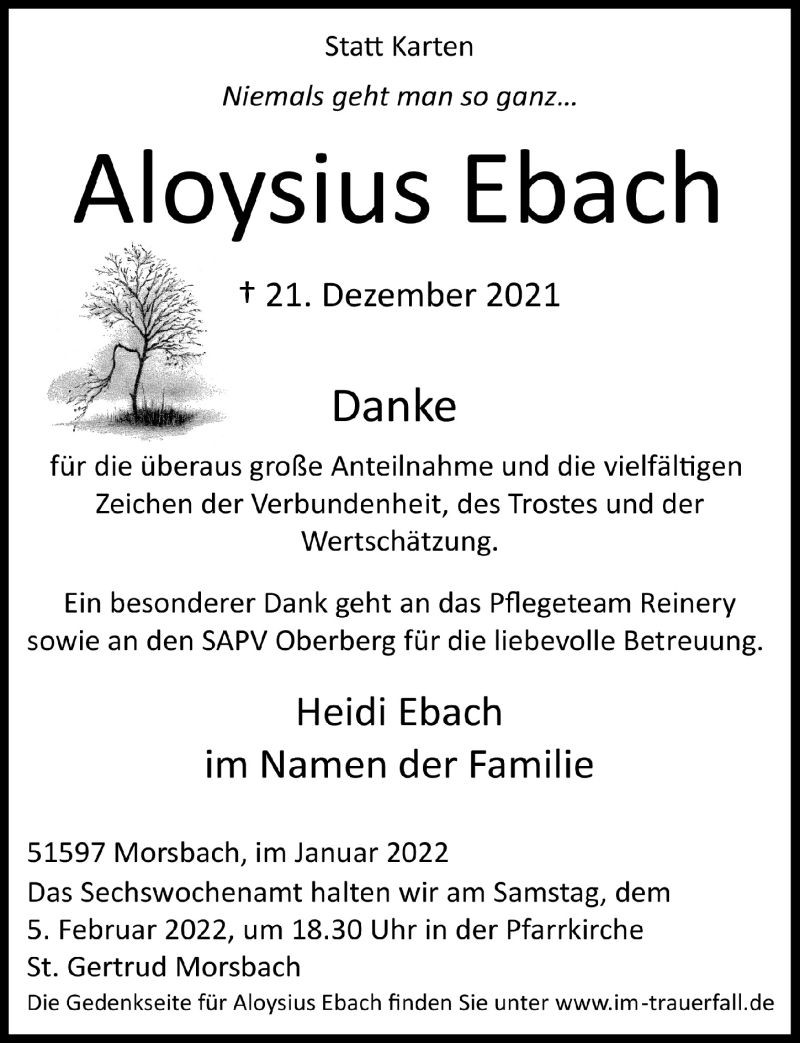  Traueranzeige für Aloysius Ebach vom 28.01.2022 aus  Lokalanzeiger 