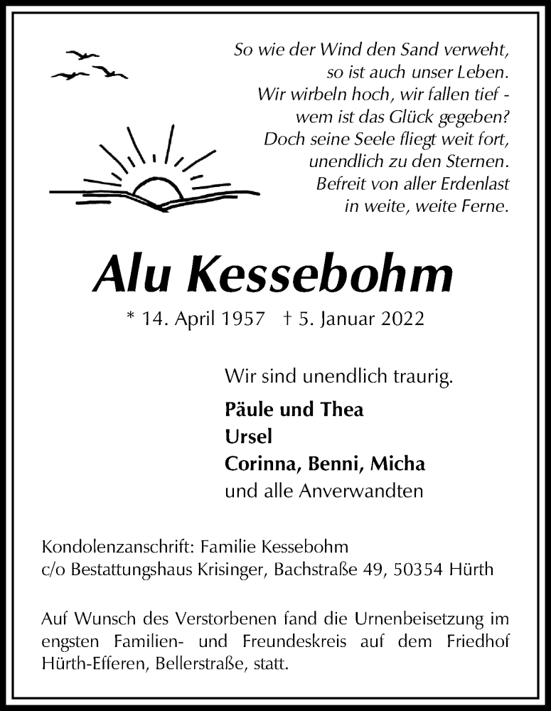  Traueranzeige für Alu Kessebohm vom 22.01.2022 aus Kölner Stadt-Anzeiger / Kölnische Rundschau / Express