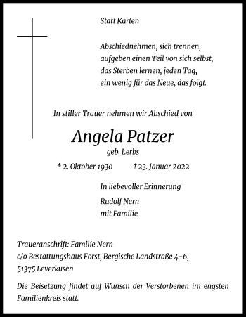 Anzeige von Angela Patzer von Kölner Stadt-Anzeiger / Kölnische Rundschau / Express