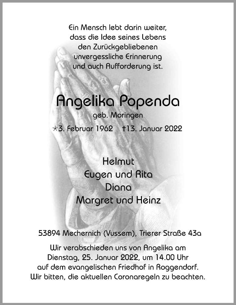  Traueranzeige für Angelika Popenda vom 22.01.2022 aus Kölner Stadt-Anzeiger / Kölnische Rundschau / Express