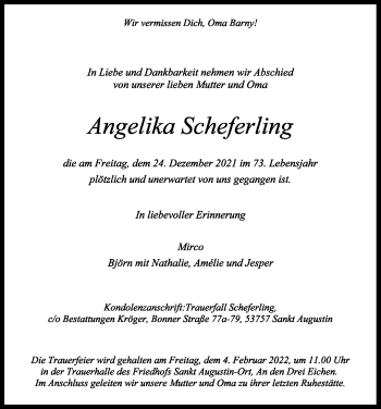 Anzeige von Angelika Scheferling von Kölner Stadt-Anzeiger / Kölnische Rundschau / Express
