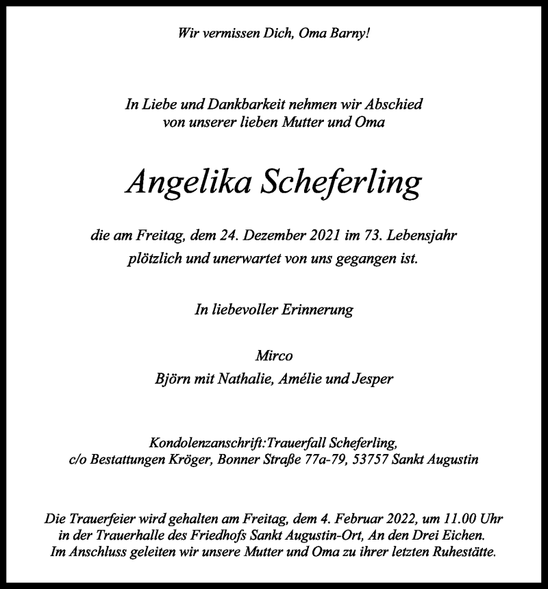 Traueranzeige für Angelika Scheferling vom 29.01.2022 aus Kölner Stadt-Anzeiger / Kölnische Rundschau / Express