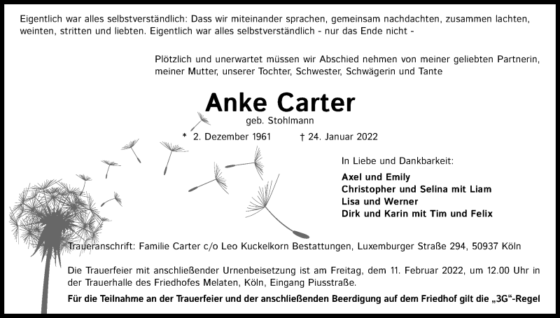  Traueranzeige für Anke Carter vom 29.01.2022 aus Kölner Stadt-Anzeiger / Kölnische Rundschau / Express