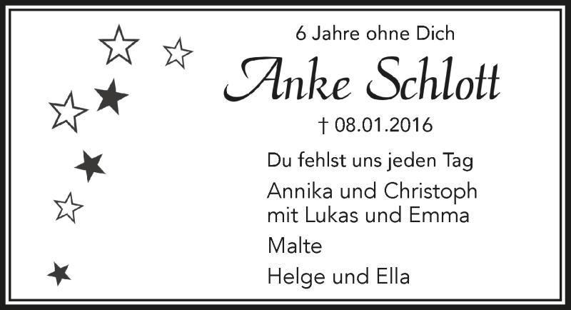  Traueranzeige für Anke Schlott vom 07.01.2022 aus  Schlossbote/Werbekurier 