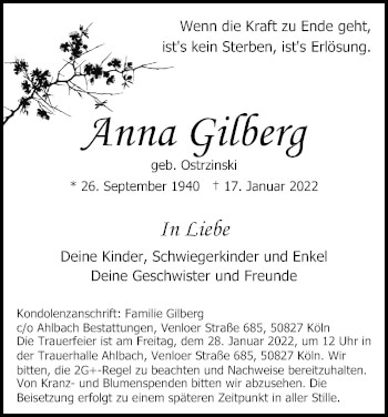 Anzeige von Anna Gilberg von Kölner Stadt-Anzeiger / Kölnische Rundschau / Express