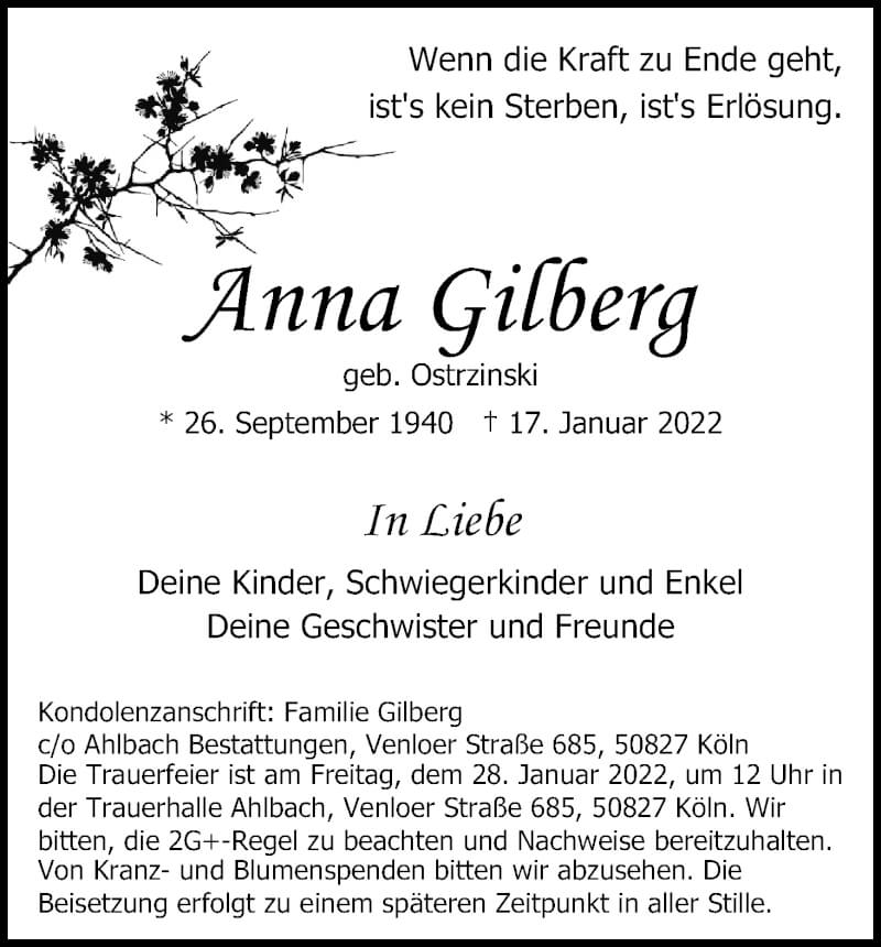  Traueranzeige für Anna Gilberg vom 24.01.2022 aus Kölner Stadt-Anzeiger / Kölnische Rundschau / Express