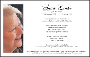 Anzeige von Anna Linke von Kölner Stadt-Anzeiger / Kölnische Rundschau / Express