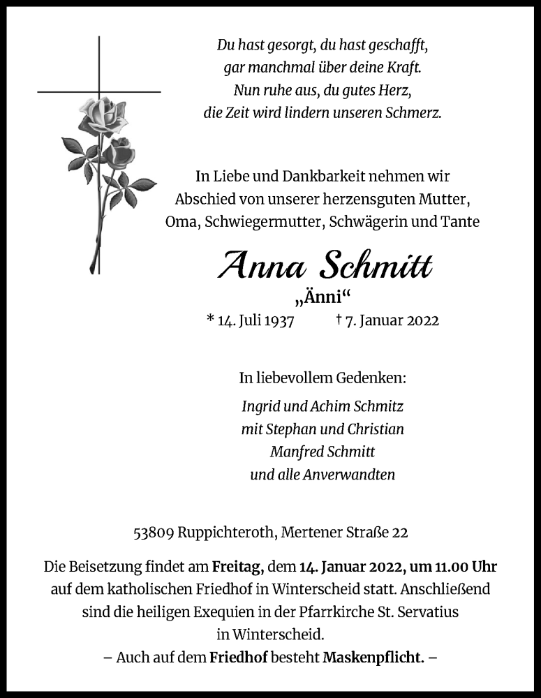  Traueranzeige für Anna Schmitt vom 11.01.2022 aus Kölner Stadt-Anzeiger / Kölnische Rundschau / Express