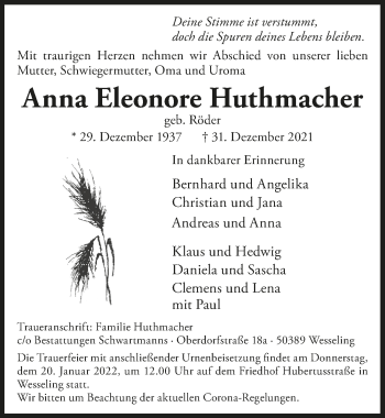 Anzeige von Anna Eleonore Huthmacher von  Schlossbote/Werbekurier 