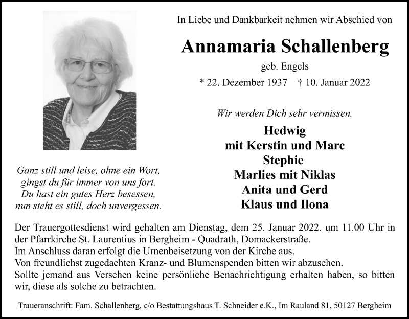  Traueranzeige für Annamaria Schallenberg vom 22.01.2022 aus Kölner Stadt-Anzeiger / Kölnische Rundschau / Express