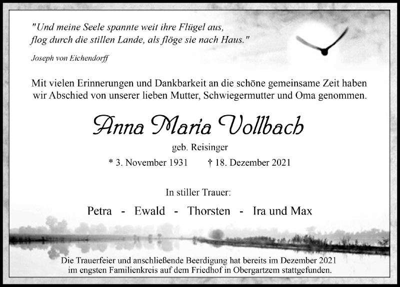  Traueranzeige für Anna Maria Vollbach vom 08.01.2022 aus  Blickpunkt Euskirchen 