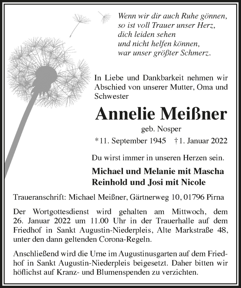  Traueranzeige für Annelie Meißner vom 14.01.2022 aus  Extra Blatt 