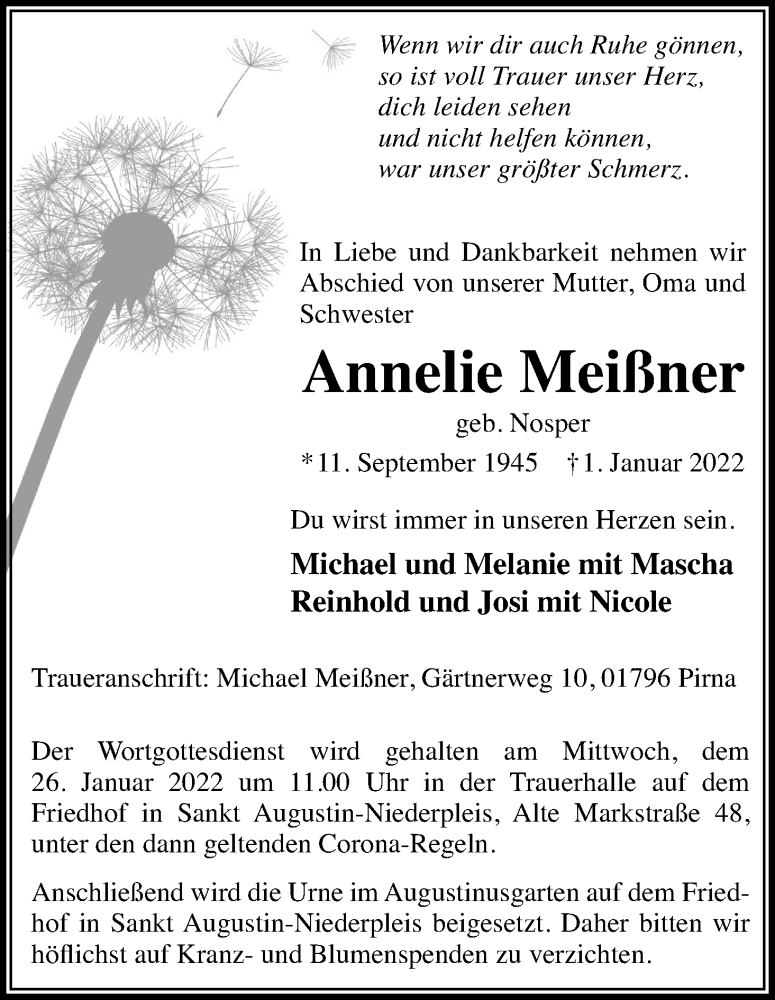  Traueranzeige für Annelie Meißner vom 15.01.2022 aus Kölner Stadt-Anzeiger / Kölnische Rundschau / Express