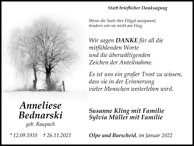  Traueranzeige für Anneliese Bednarski vom 21.01.2022 aus  Anzeigen Echo 
