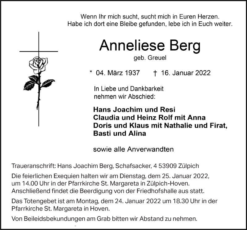  Traueranzeige für Anneliese Berg vom 22.01.2022 aus  Blickpunkt Euskirchen 