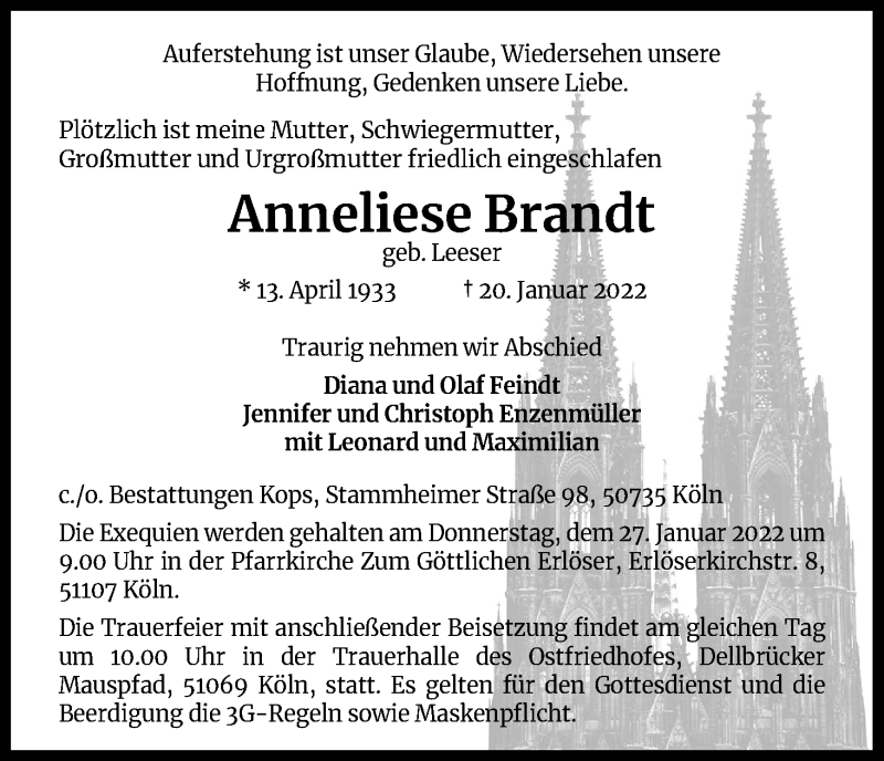  Traueranzeige für Anneliese Brandt vom 22.01.2022 aus Kölner Stadt-Anzeiger / Kölnische Rundschau / Express