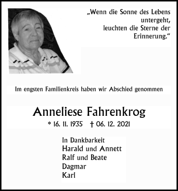 Anzeige von Anneliese Fahrenkrog von Kölner Stadt-Anzeiger / Kölnische Rundschau / Express