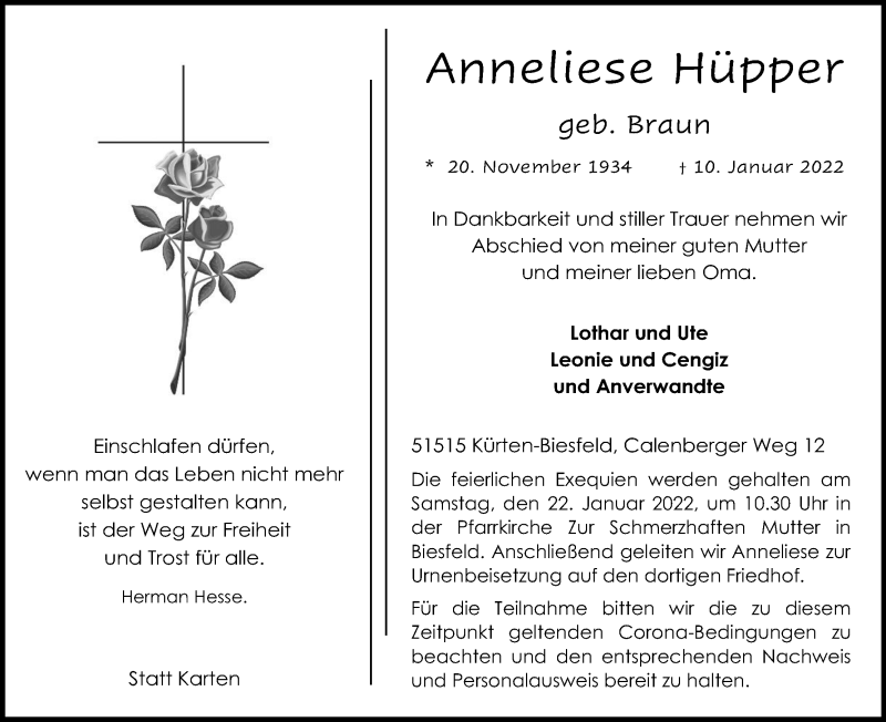  Traueranzeige für Anneliese Hüpper vom 15.01.2022 aus Kölner Stadt-Anzeiger / Kölnische Rundschau / Express