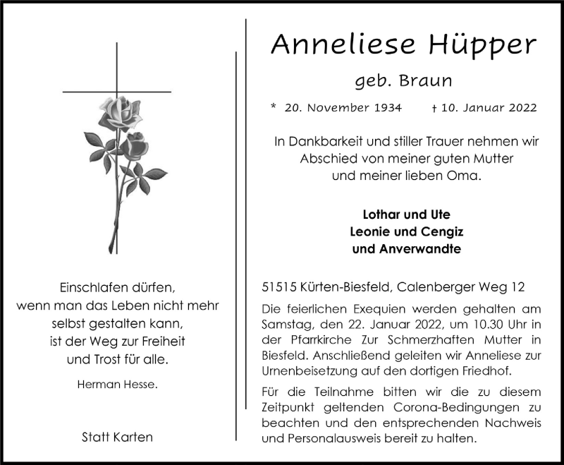  Traueranzeige für Anneliese Hüpper vom 14.01.2022 aus  Bergisches Handelsblatt 