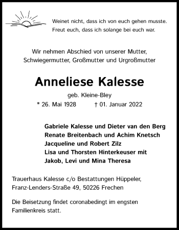 Anzeige von Anneliese Kalesse von Kölner Stadt-Anzeiger / Kölnische Rundschau / Express